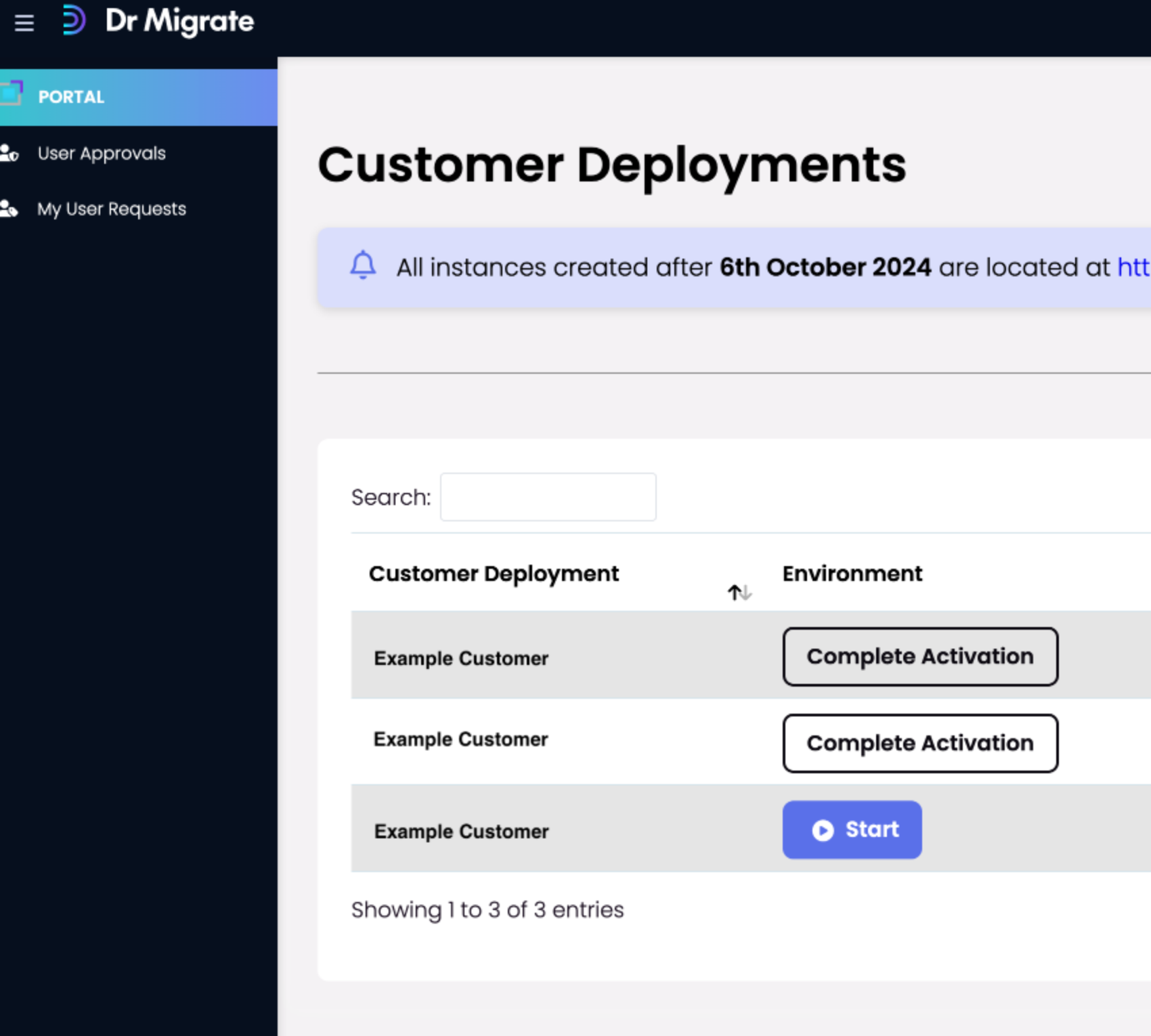 List of available Dr Migrate instances showing search and filtering options