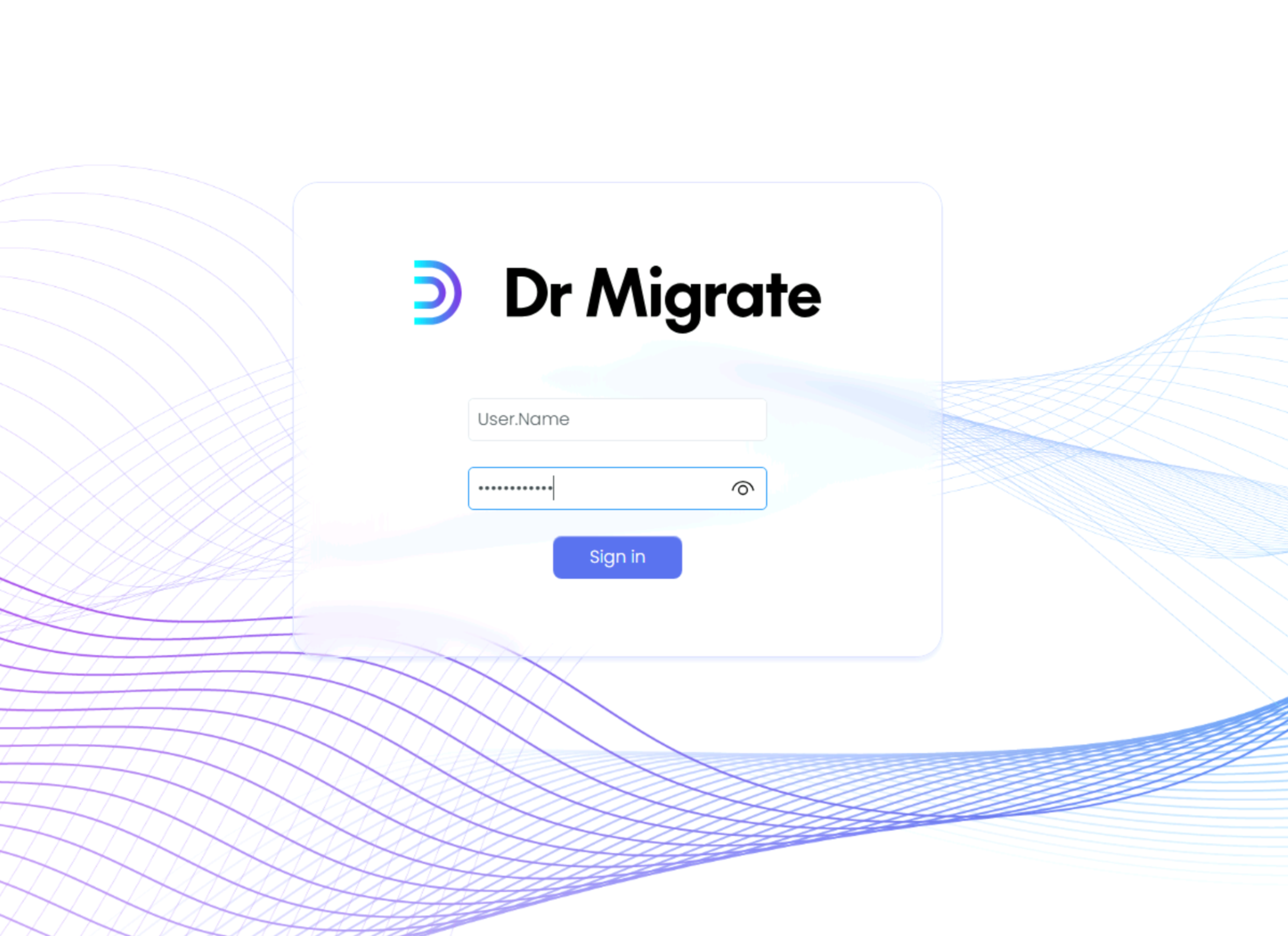 Dr Migrate login screen showing the application interface