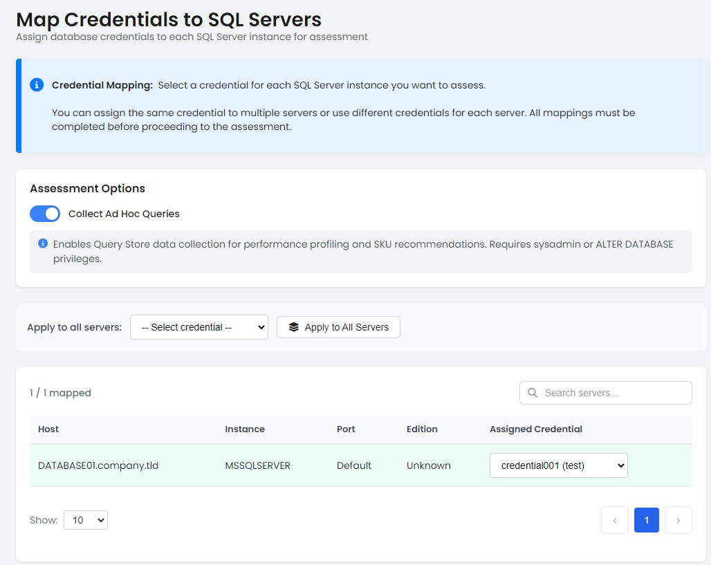 Credential Mapping screen showing servers and credential assignment