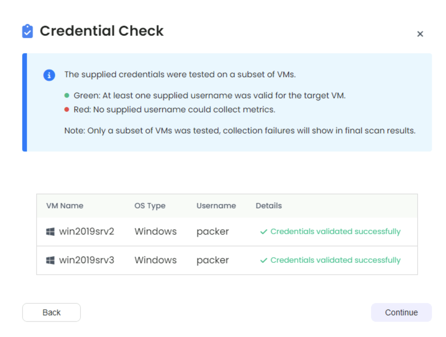 Guest credentials validation screen showing Windows and Linux verification results