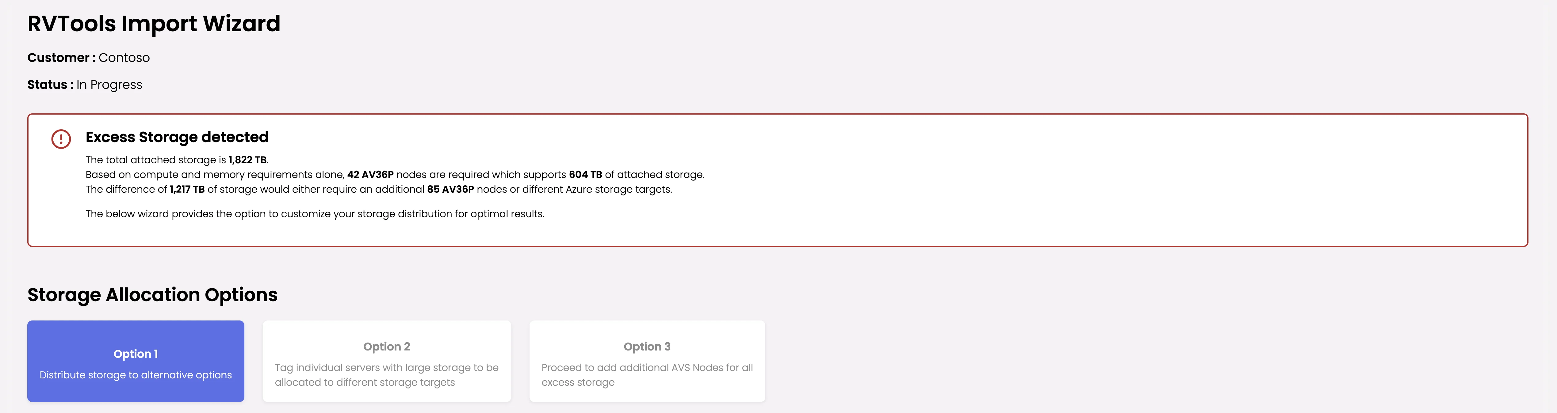 Excess storage detection screen showing storage allocation options