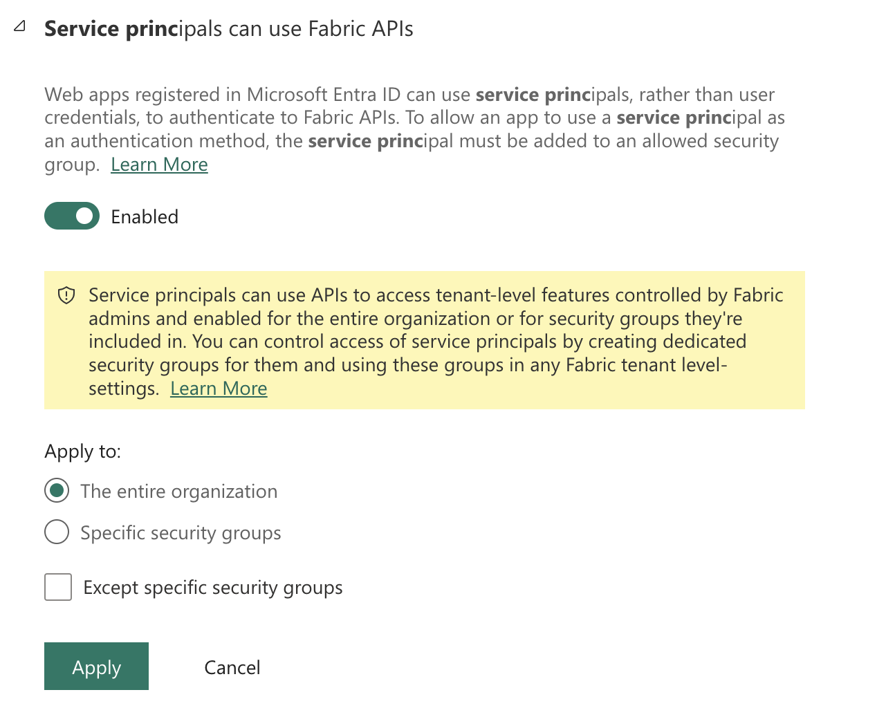 Power BI Fabric API settings