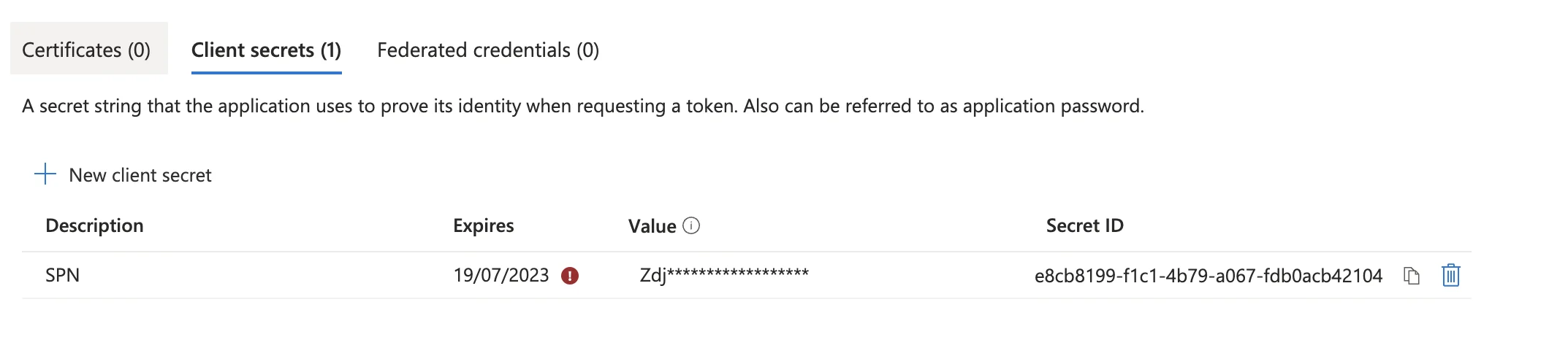 Certificates and Secrets management page showing existing secrets and the option to create new ones