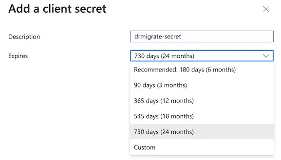 New client secret creation form with fields for secret name and expiry date