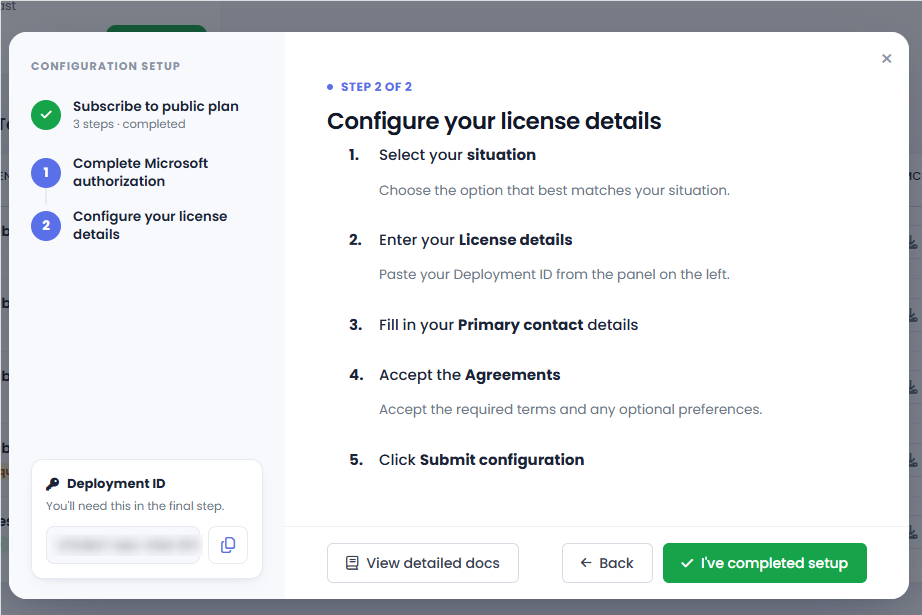 Configure subscription - Step 2 of 2: Configure your license details