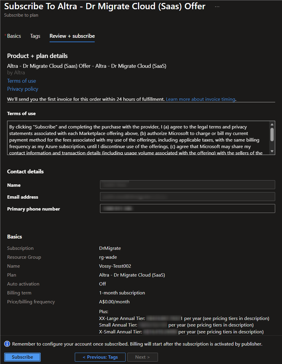 Review + subscribe tab showing Contact details and Subscribe button