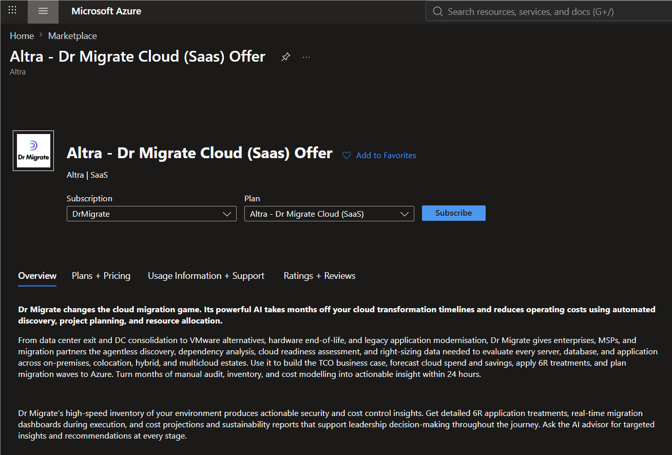Altra - Dr Migrate - Express SaaS plan
