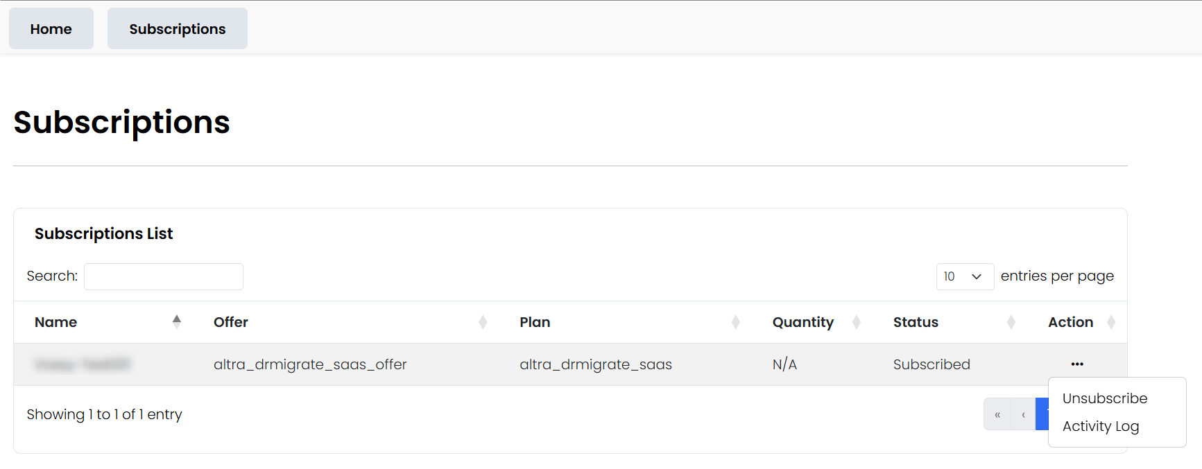 Subscriptions List with the Action menu open, showing Unsubscribe and Activity Log options